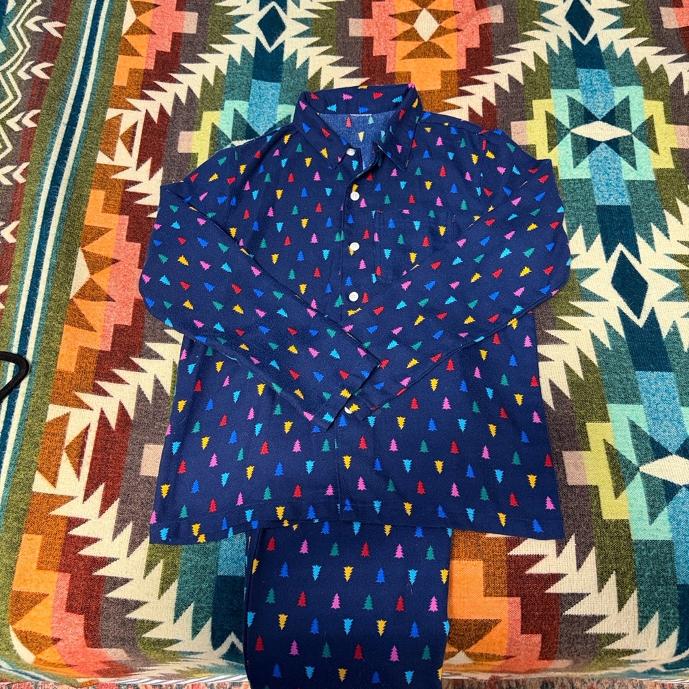 Lands' End Navy Pajama Set with Colorful Tree Print